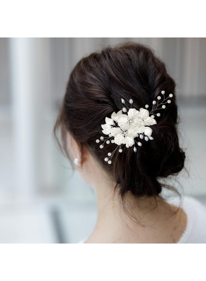 2Pcs Flower Wedding Hair Clips Bride Pearl Hair Barrettes White Floral Rhinestone Crystal Leaf Vine Headpiece Bridal Wedding Hair Accessories for Women Girls - Image 4